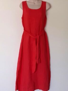 100% Pure Italian Linen Red Sleeveless Tie-Waist Midi Dress Flattering